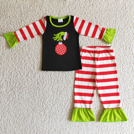 GLP0284 girl red and white stripe long sleeve outfit christmas embroidery shirt and ruffle pants set