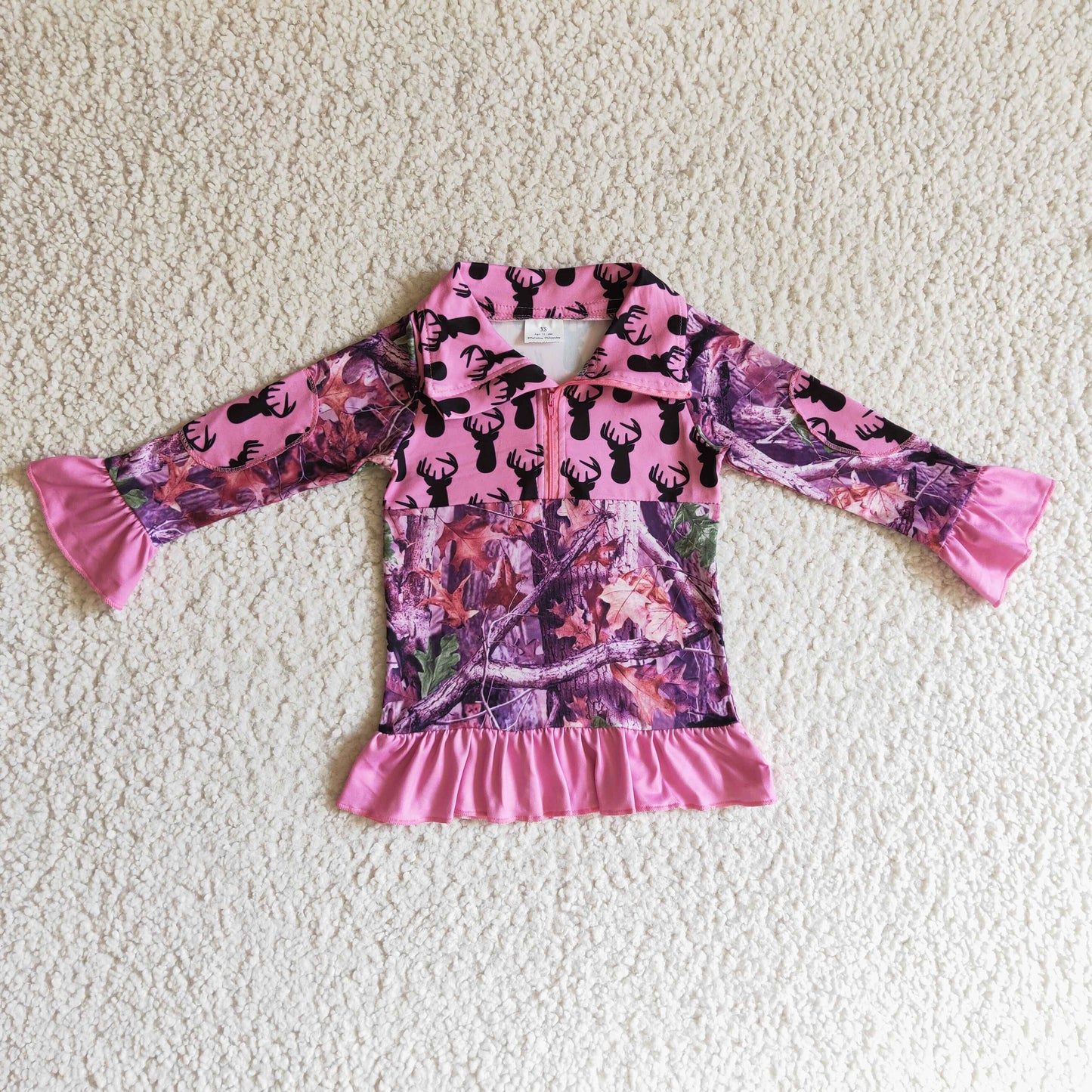 GT0056 fashion girl pink purple color ruffle long sleeve zipper top kids turn-down collar deer jacket