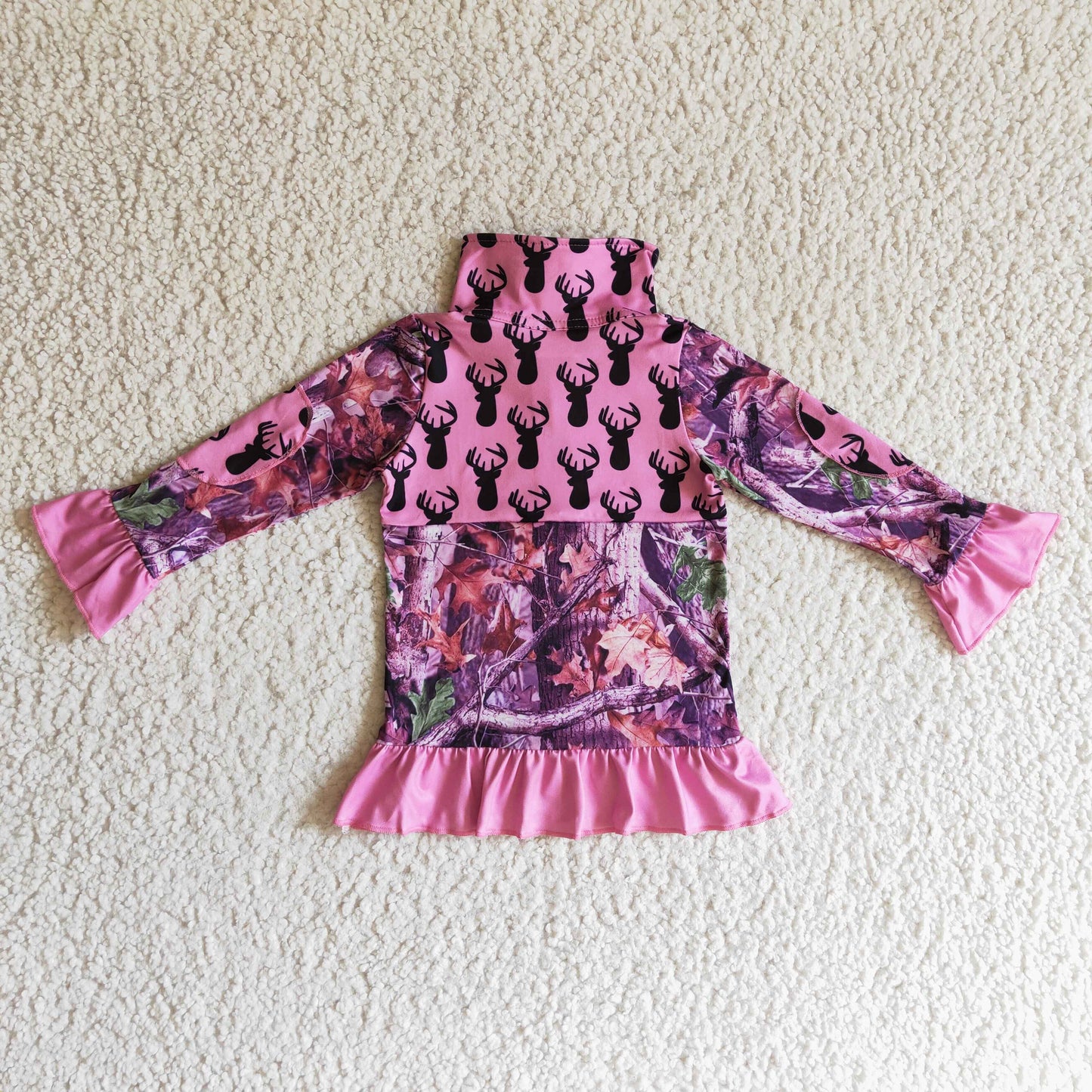 GT0056 fashion girl pink purple color ruffle long sleeve zipper top kids turn-down collar deer jacket