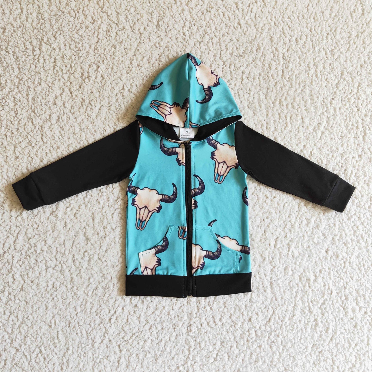 BT0083 boy autumn black long sleeve zipper hoodie with cow print