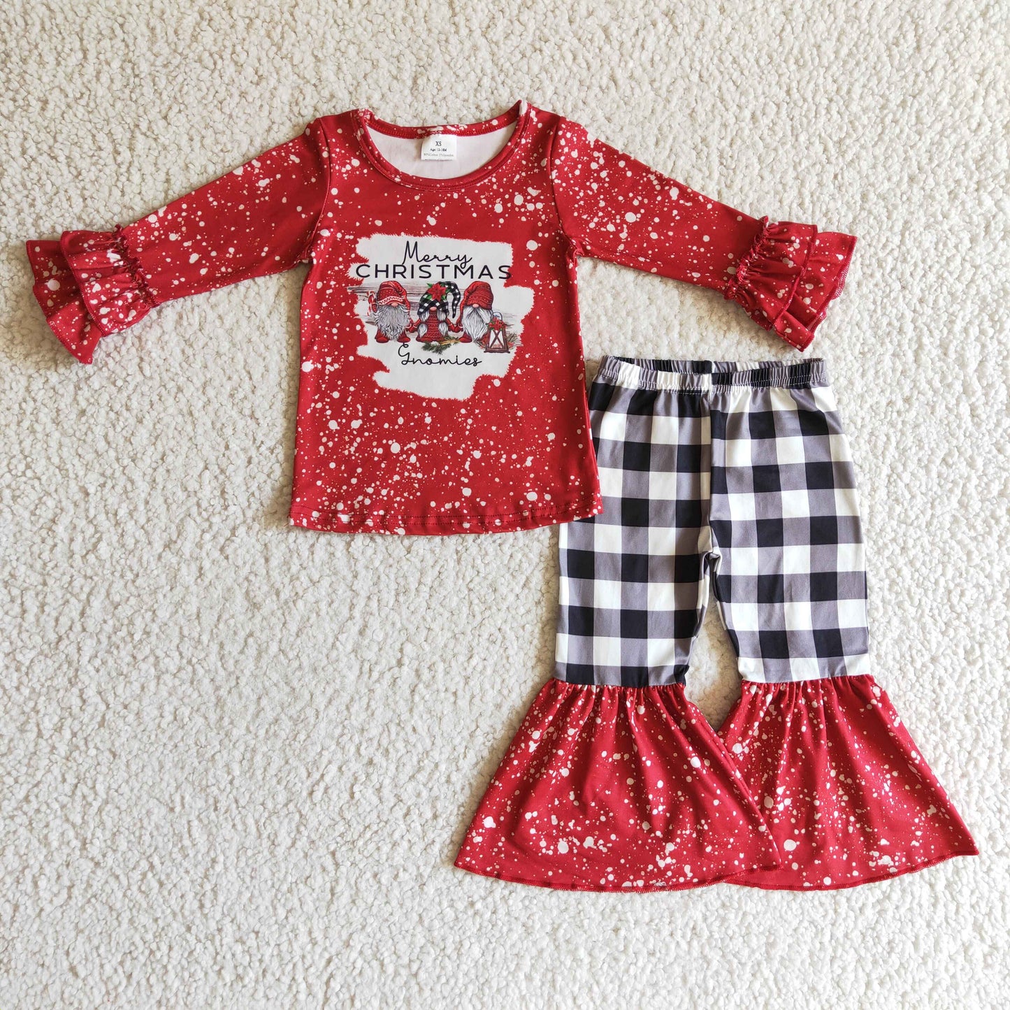 6 B5-17 baby girls red ruffle long sleeve top match plaid bell pants 2pieces set merry christmas outfit