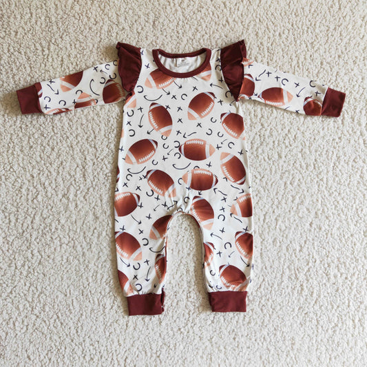 LR0178 baby girl long sleeve football print romper withcovered button