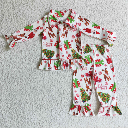 6 C8-38 girl christmas tree pajamas set kids long sleeve turn-down collar outfit with gifts print