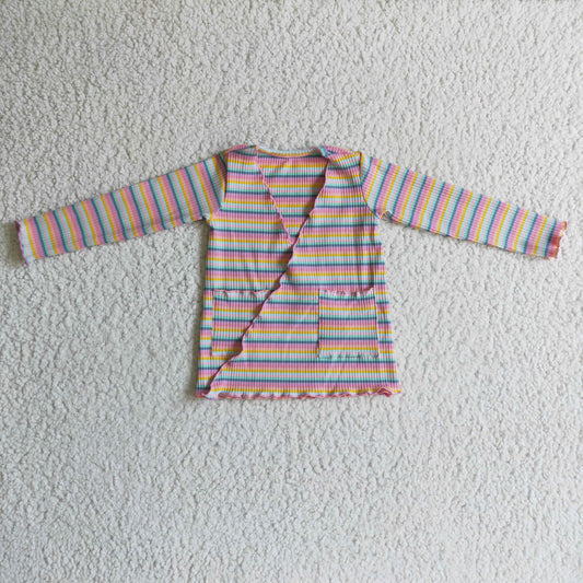 GT0068 girl colorful stripes long sleeve coat with pockets