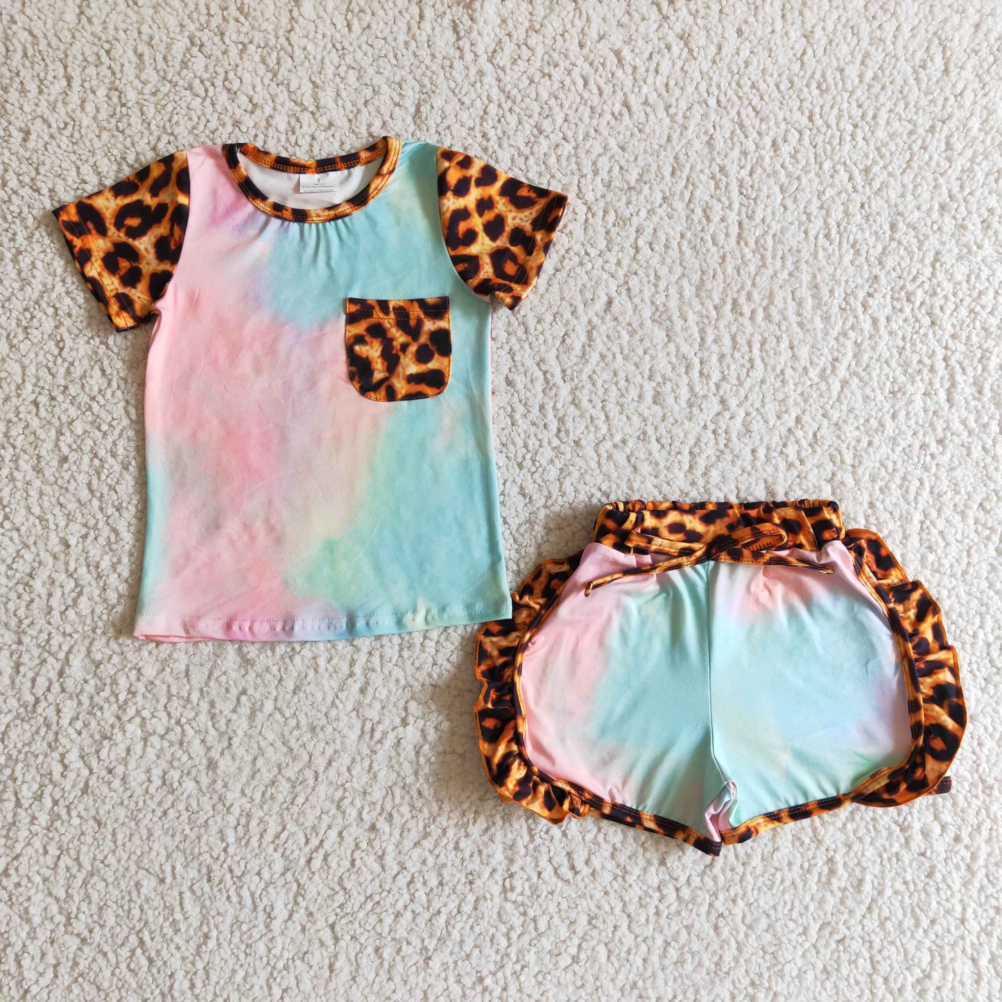 D9-27 girl summer tie-dye leopard short sleeve top ans shorts 2pieces set