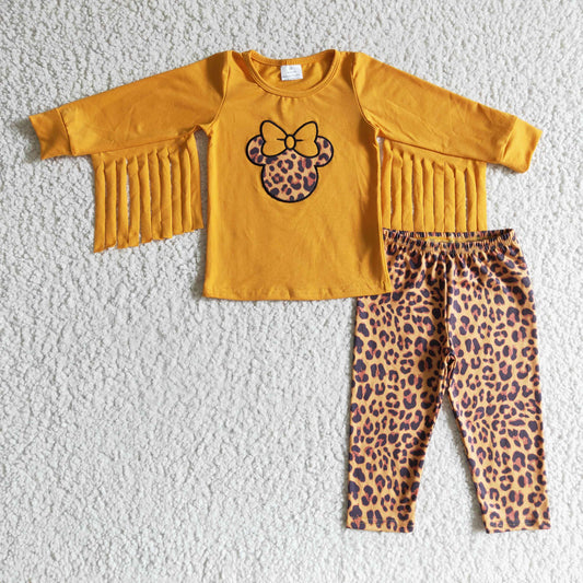 GLP0128 girl cotton yellow long sleeve tassel top with embroidery craft match leopard straight pants