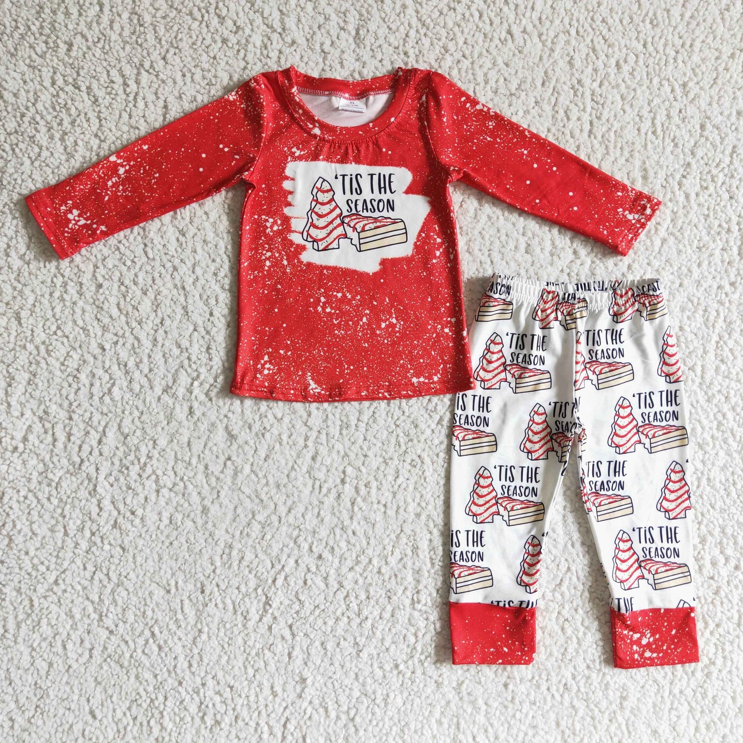 BLP0090 girl red long sleeve top and christmas tree cakes print pants 2pieces set