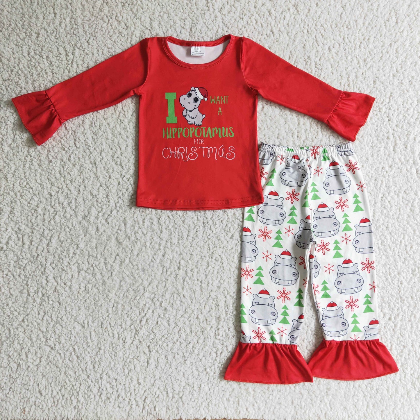 GLP0302 girl red long sleeve merry christmas shirt hippo and tree ruffle pants 2pieces set