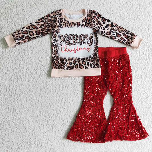 GT0060 girl merry christmas leopard long sleeve top match red sequin bell pants outfit B4-11