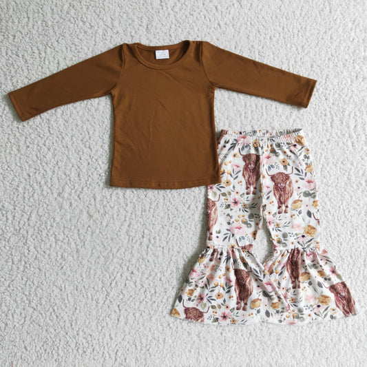 GLP0277 girl brown cotton long sleeve shirt match highland cow and flowers pattern bell bottom outfit