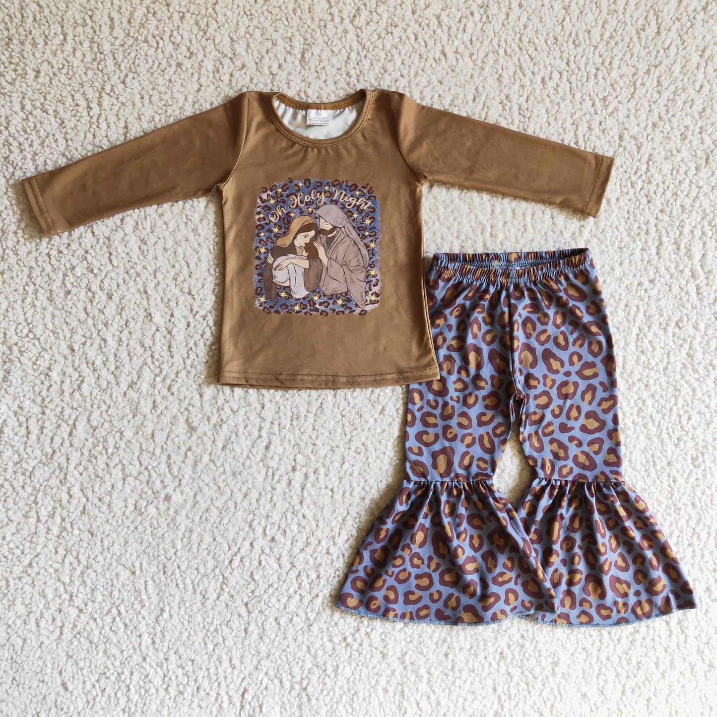 GLP0286 girl brown long sleeve jesus shirt match leopard print bell bottom