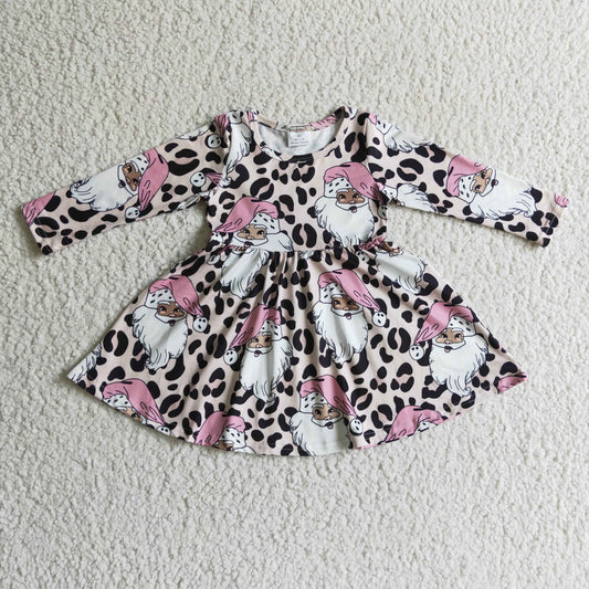 GLD0112 baby girls fashion leopard and santa long sleeve twirl dress christmas frock