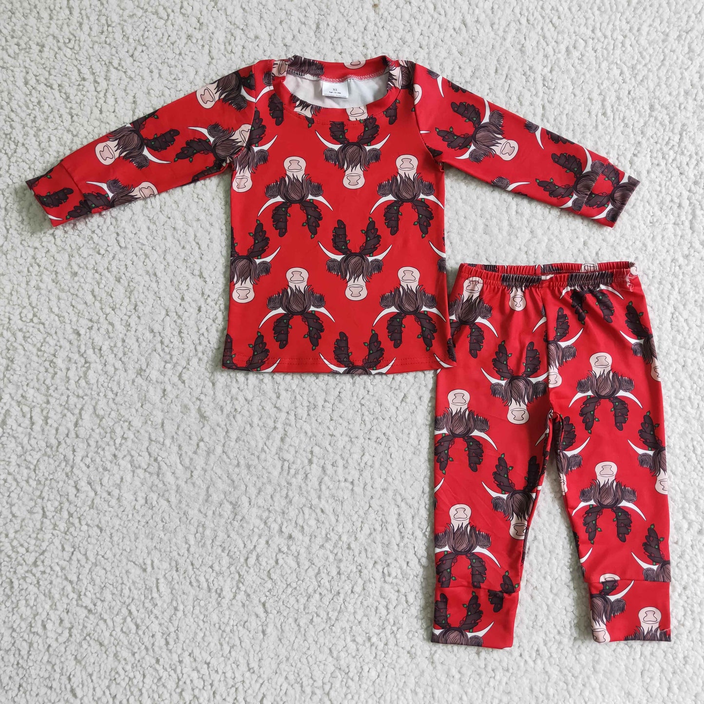 BLP0083 boy red long sleeve pajamas set with highland cow print