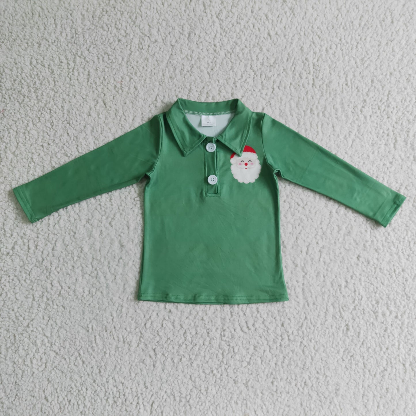 BT0073 boy green solid color long sleeve turn-down collar top with santa printed