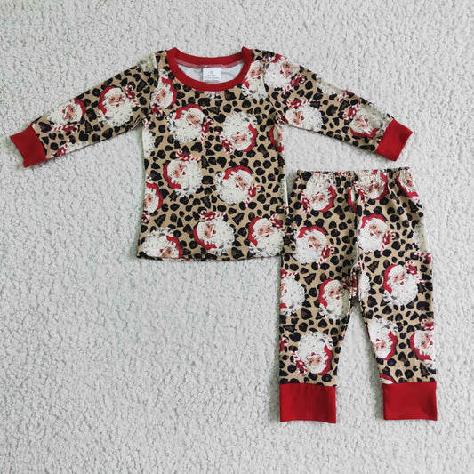 BLP0080 christmas boy long sleeve leopard pajamas set kids santa outfit