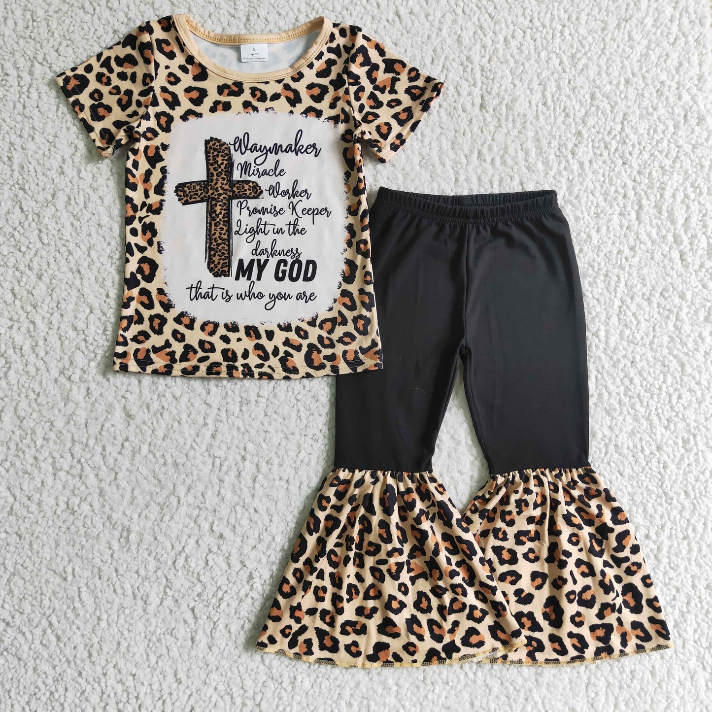 GSPO0218 girl leopard cross and letter print short sleeve shirt match black bell pants 2pieces set