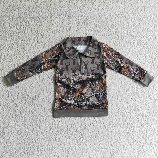 BT0094 autumn boy long sleeve turn-down collar zipper outwear kids deer and leaves print jacket