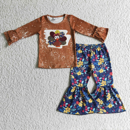 GLP0241 ready to ship kids long sleeve outfit girl turkey shirt match flowers bell bottoms 2pieces set