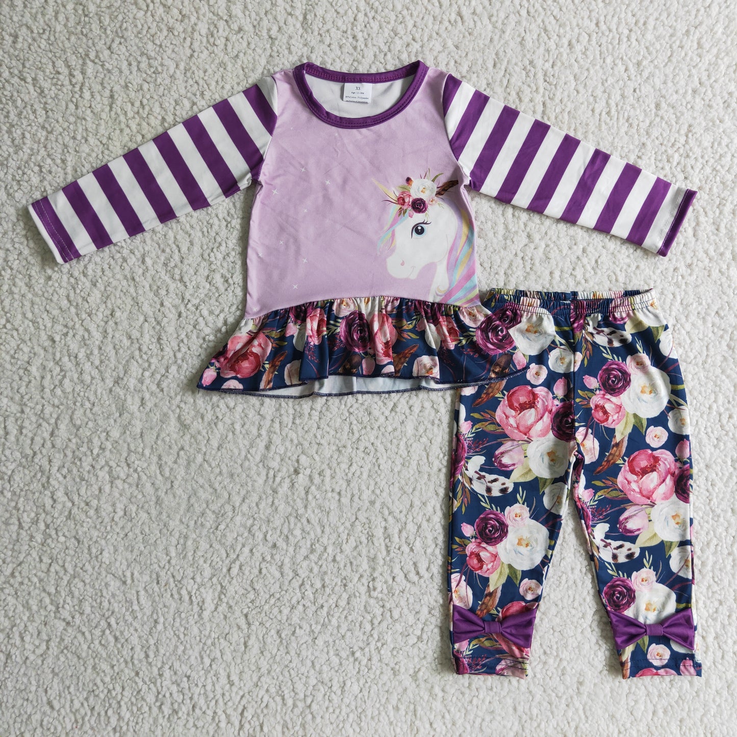 GLP0223 girl stripe long sleeve unicorn top and floral print elastic waist pants set fall fashion outfit