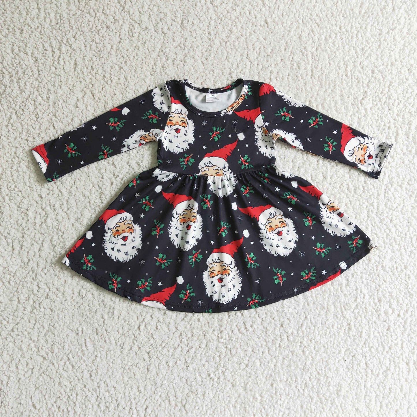 GLD0102 girl black long sleeve o-neck christmas tree and santa print twirl dress