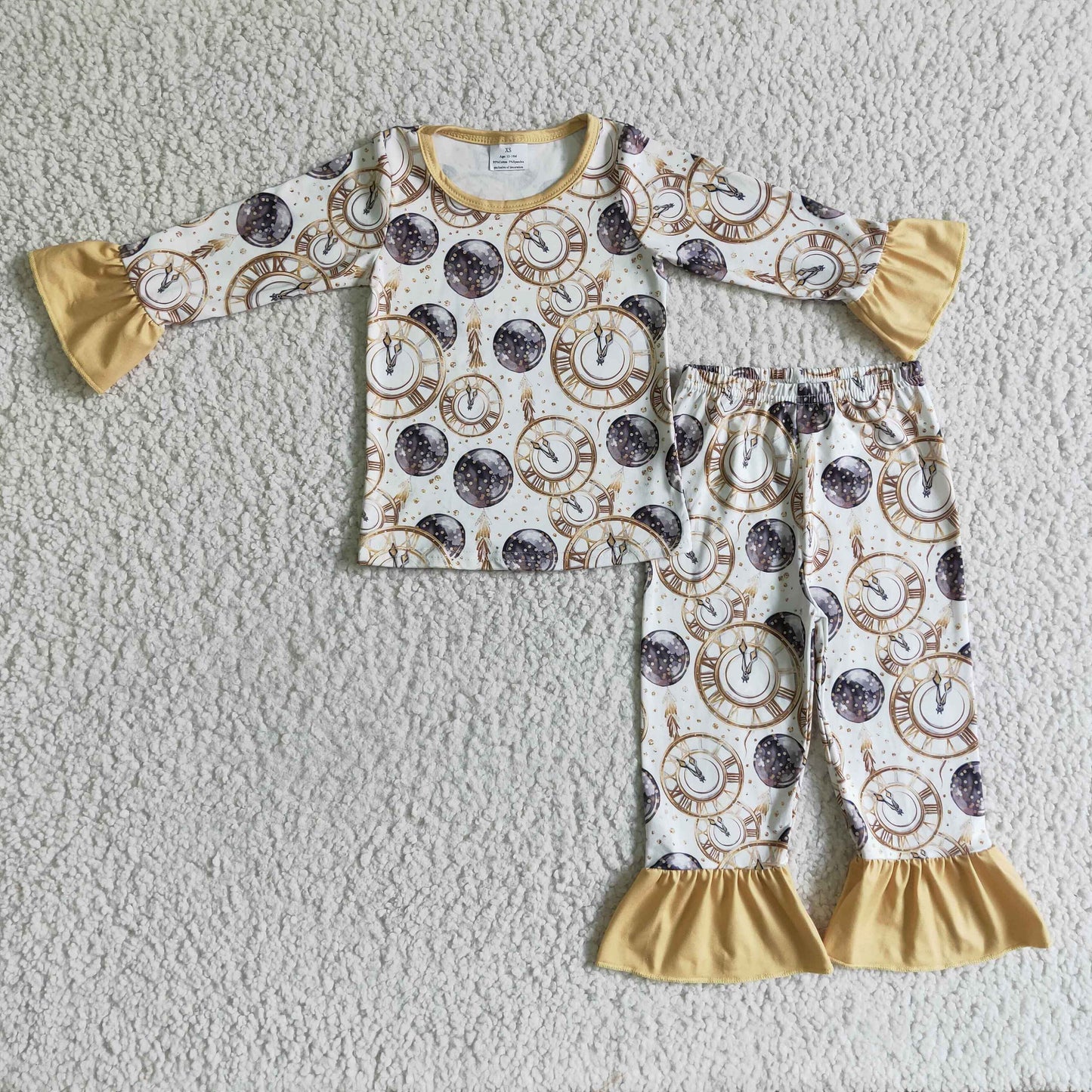 GLP0275 baby girls long sleeve alarm clock print outfit with gold ruffle