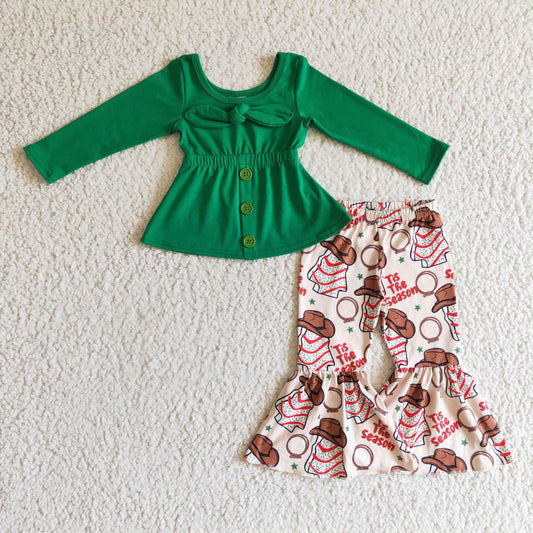 GLP0289 girl fashion green cotton long sleeve top with bow match christmas tree cookies bell pants set