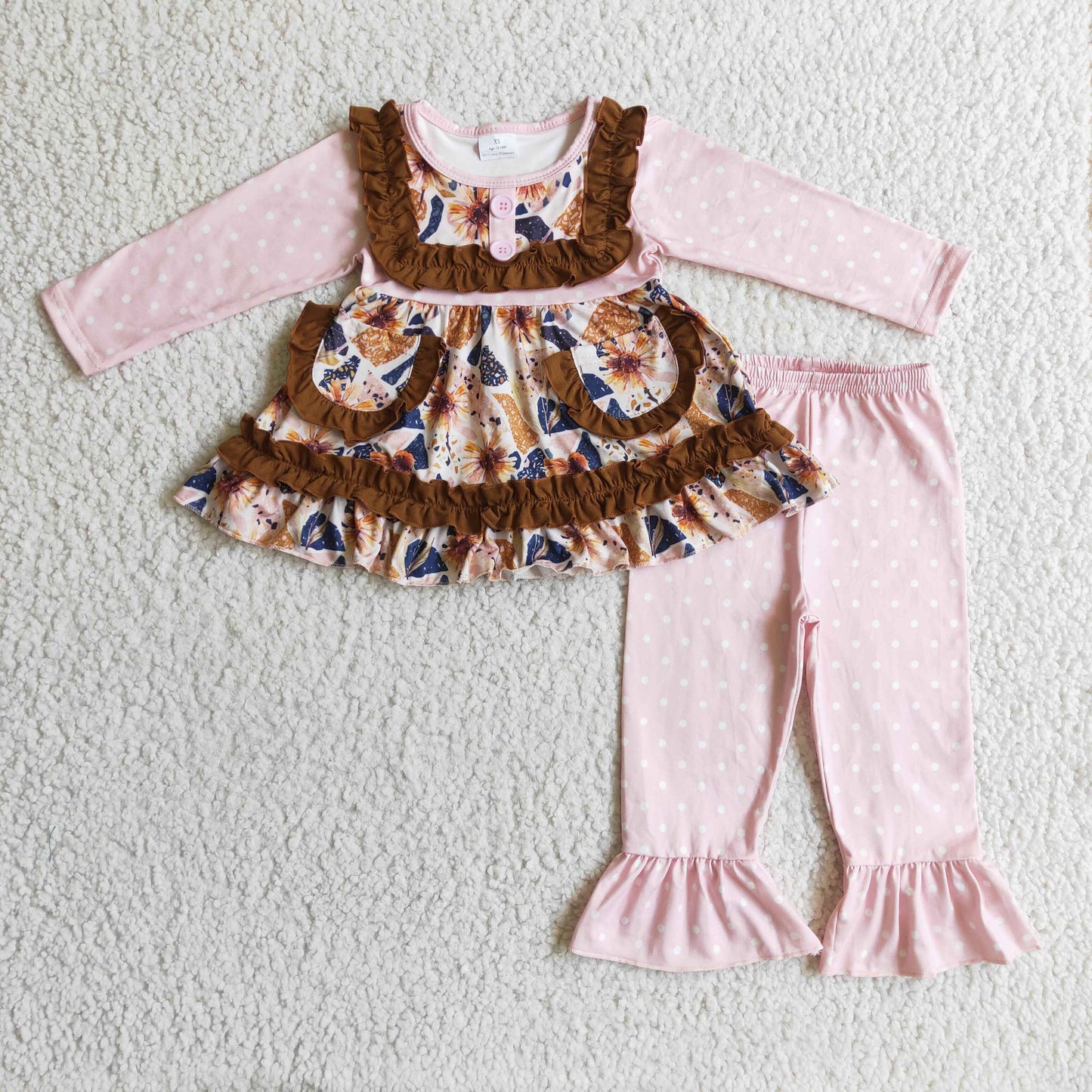 GLP0273 girl autumn pink long sleeve flowers pattern top with brown ruffles match elastic waist pants set