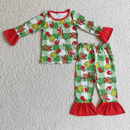 GLP0295 baby girls long sleeve plaid pajamas set christmas outfit with red ruffle