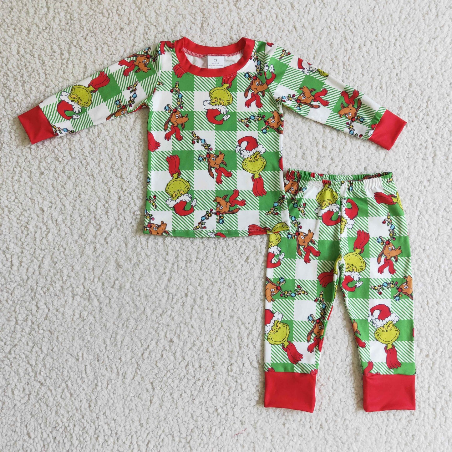 BLP0121 boy green long sleeve pajamas set christmas plaid outfit