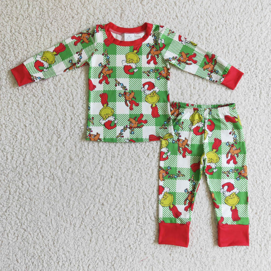 BLP0121 boy green long sleeve pajamas set christmas plaid outfit