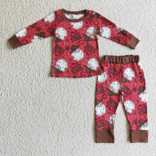 BLP0120 merry christmas boy dark red long sleeve pajamas set with santa print