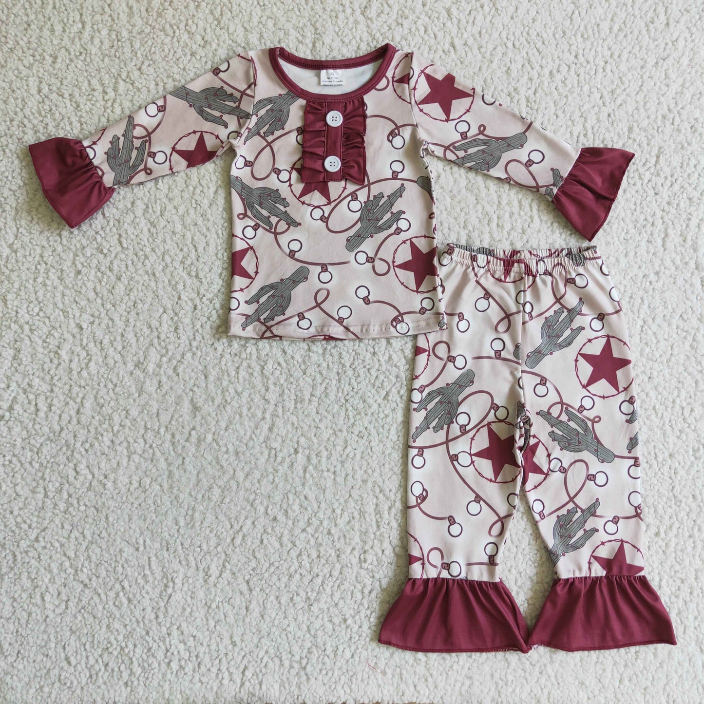 GLP0292 girl autumn long sleeve cactus print top and ruffle pants kids pajamas set