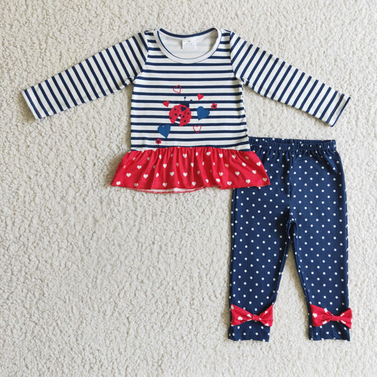 GLP0227girl black white stripe long sleeve heart top match navy blue pants with red bows