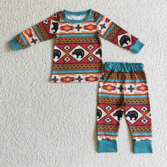 BLP0100 fall boy long sleeve pajamas set with blue o-neck