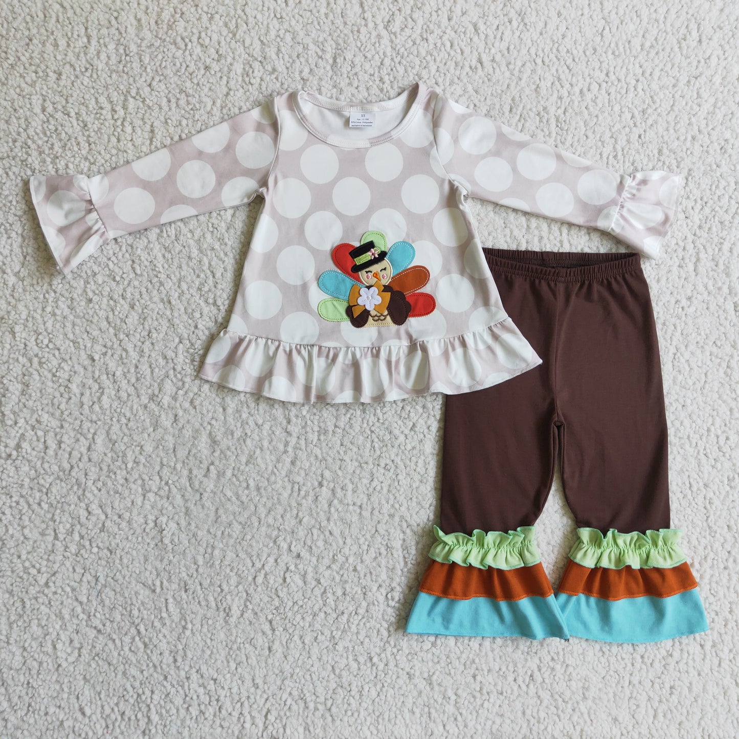 GLP0219 thanksgiving day girl long sleeve polka dot top with turkey embroidery match brown ruffle pants