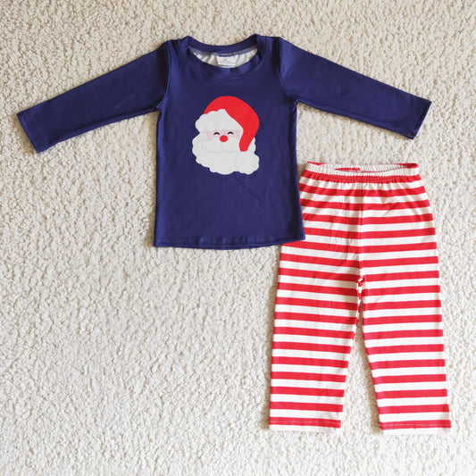 BLP0091 baby boy navy blue long sleeve santa top match red white stripe straight pants suit