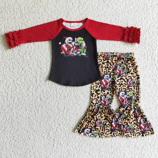 6 C9-22 christmas girl red icing ruffle long sleeve raglan shirt match leopard bell pants