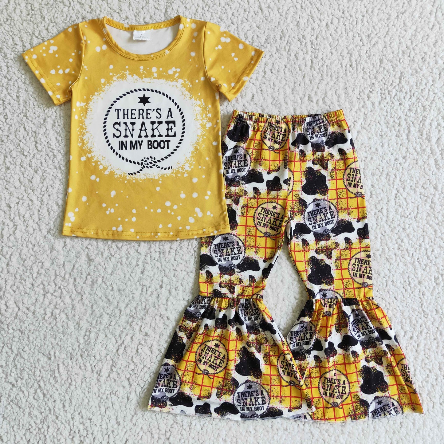 GSPO0110 girl yellow short sleeve top match plaid bell bottom 2pieces set