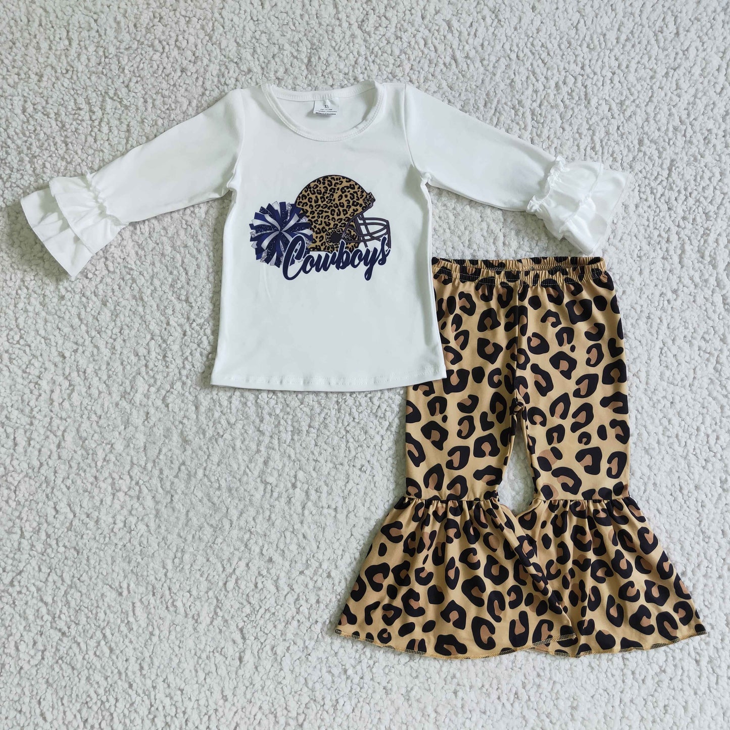 GSPO0110 girl white long sleeve shirt with letters design match leopard bell bottom set