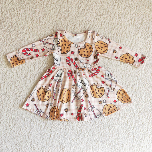 GLD0114 baby girls christmas cookies and milk print long sleeve twirl dress