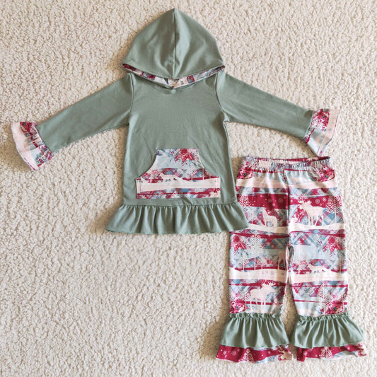 GLP0276 girl long sleeve hoodie flowers and deer pattern ruffle pants 2pieces set christmas outfit