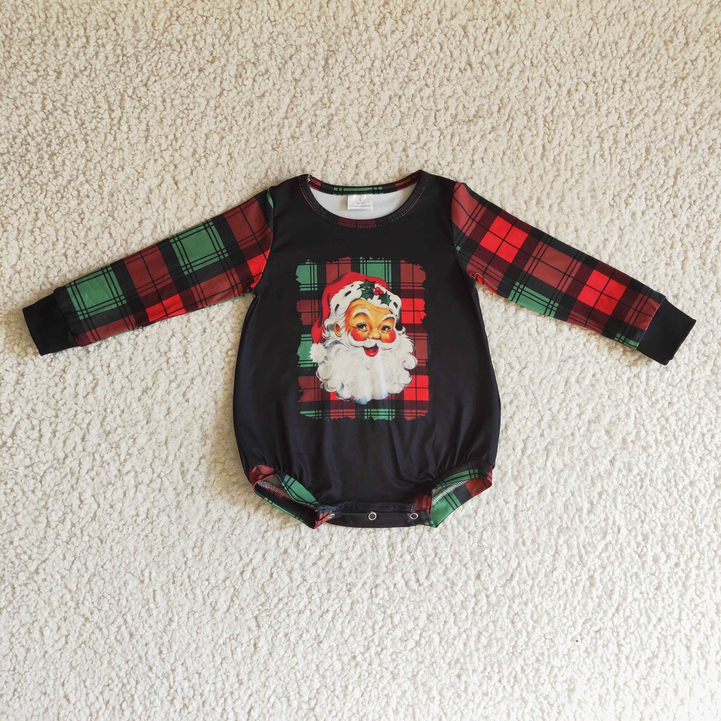 LR0177 infants christmas long sleeve black romper boy and girls santa and plaid print jumpsuit