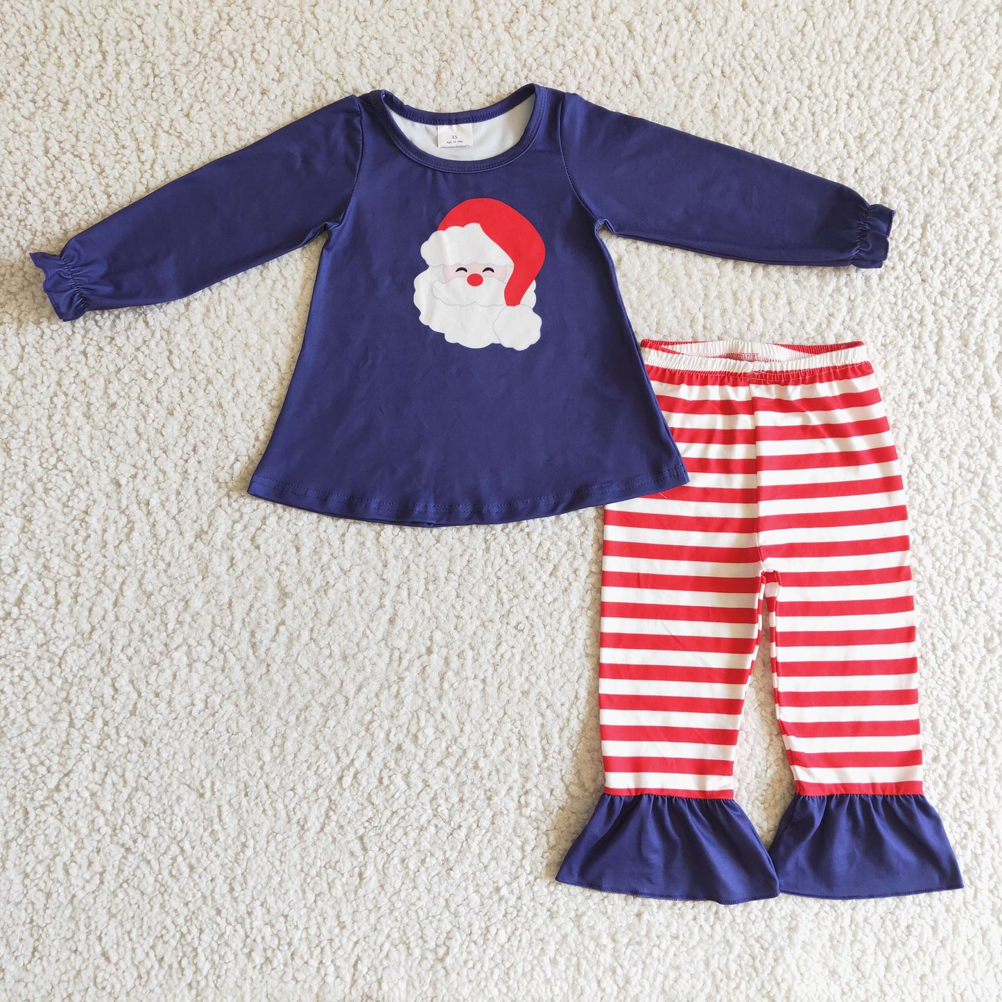 GLP0249 girl navy blue long sleeve top with santa printed match stripe elastic waist pants