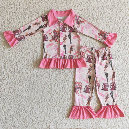 GLP0279 girl pink turn-down collar top and ruffle pants 2pieces set autumn kids long sleeve pajamas set