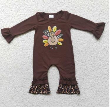 6 A2-6 baby girls brown long sleeve turkey romper infants thanksgiving day jumsuit with leopard ruffle