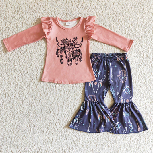 GLP0282 girl pink long sleeve top with ruffle dark blue cow print flare pants 2pieces set