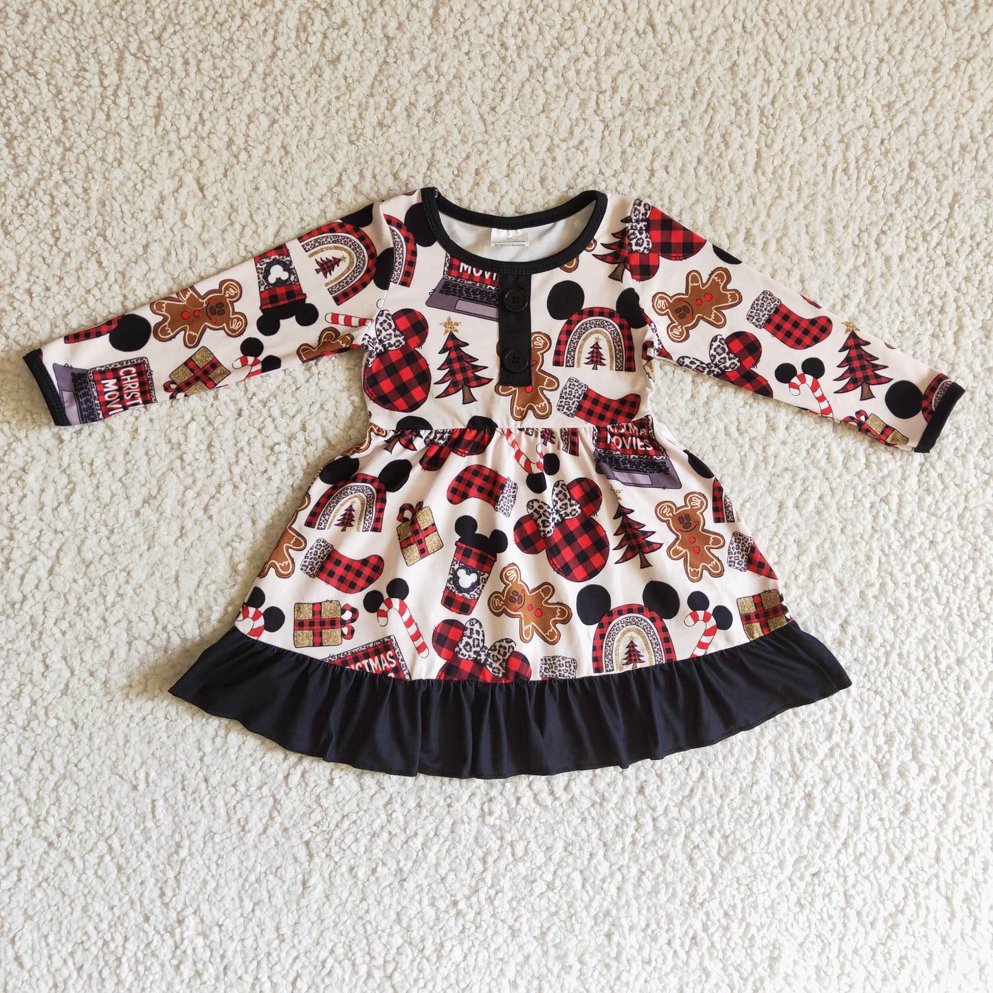 GLD0124 girl long sleeve christmas tree and gingerbread pattern twirl dress