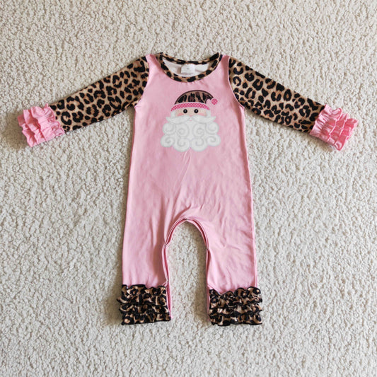 6 A25-9 infants baby girls long sleeve leopard pink romper with santa printed
