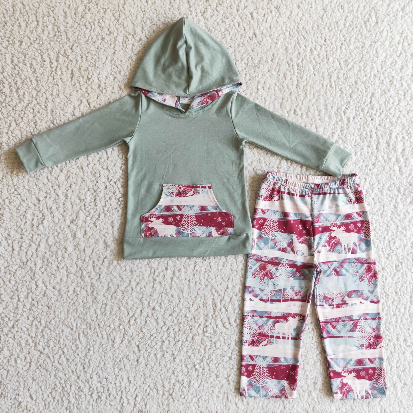 BLP0102 boy autumn long sleeve hoodie with pocket match christmas deer and flowers pattern pants