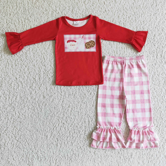 GLP0285 girl red long sleeve top with santa and cookies printed match pink plaid ruffle pants